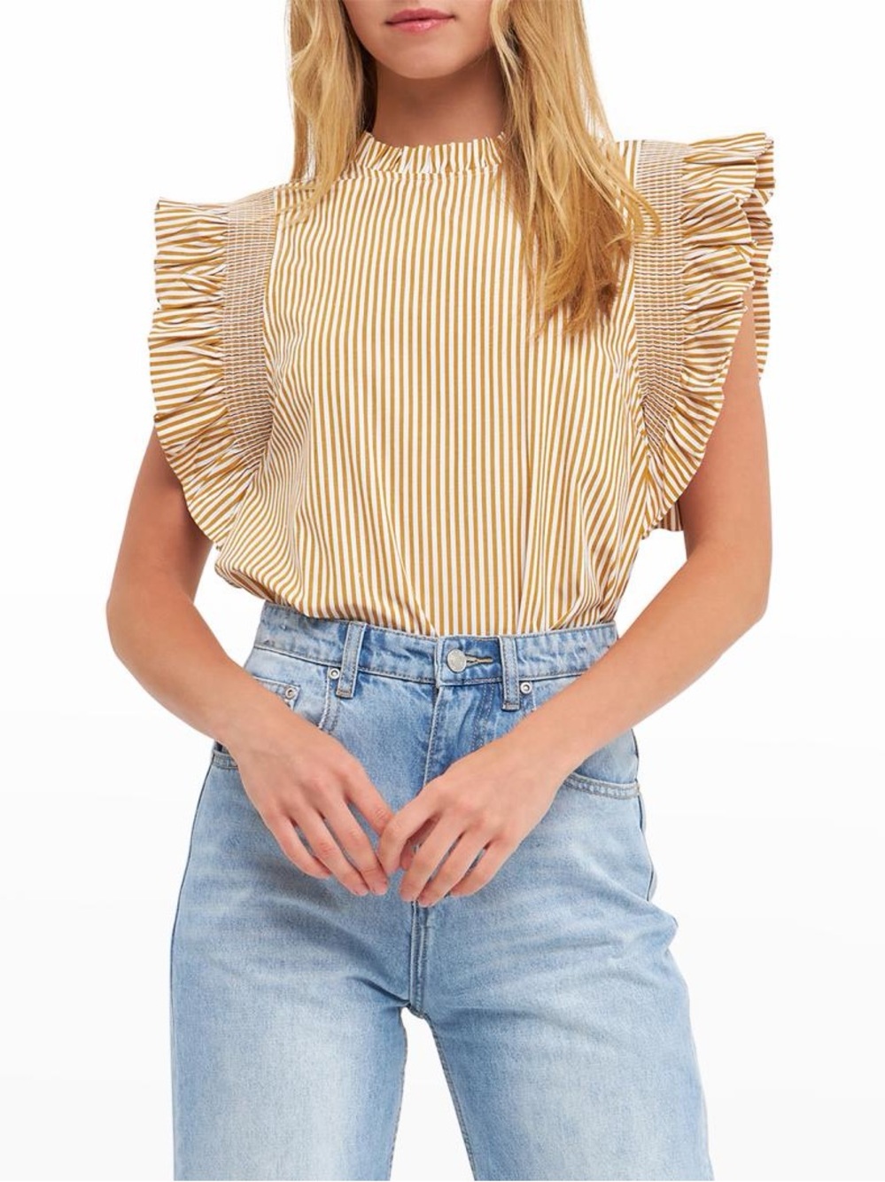 English Factory Striped Fringe Sleeve Blouse in Yellow & White Size Large